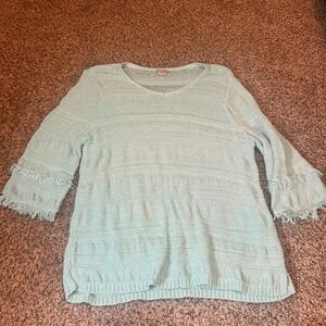 Chicos Light Blue Knit‎ Sweater 3 L Bell Sleeve Fringe V Neck Casual Top